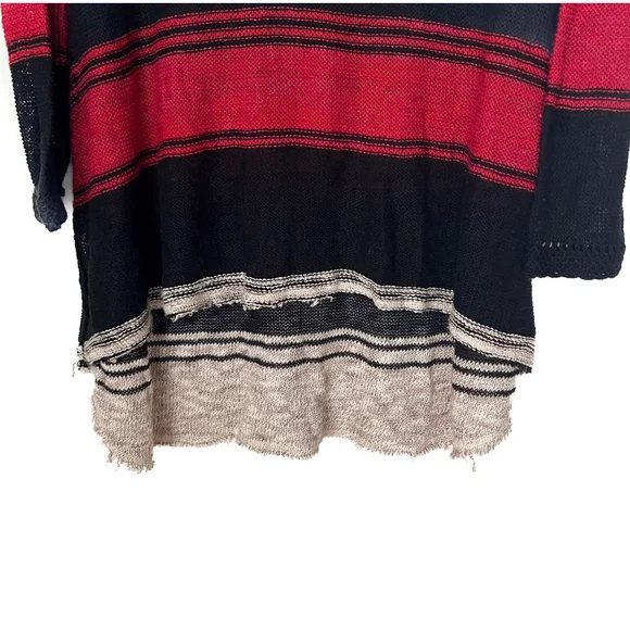 Free People Oversized Sweater Sz S Tan Red Striped Open Knit Crochet Boho Grunge - Picture 3 of 8